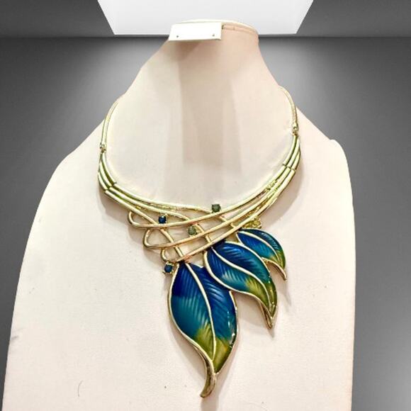 Art Deco Nouveau Style Enamel Gold Tone Statement Necklace - Picture 3 of 8